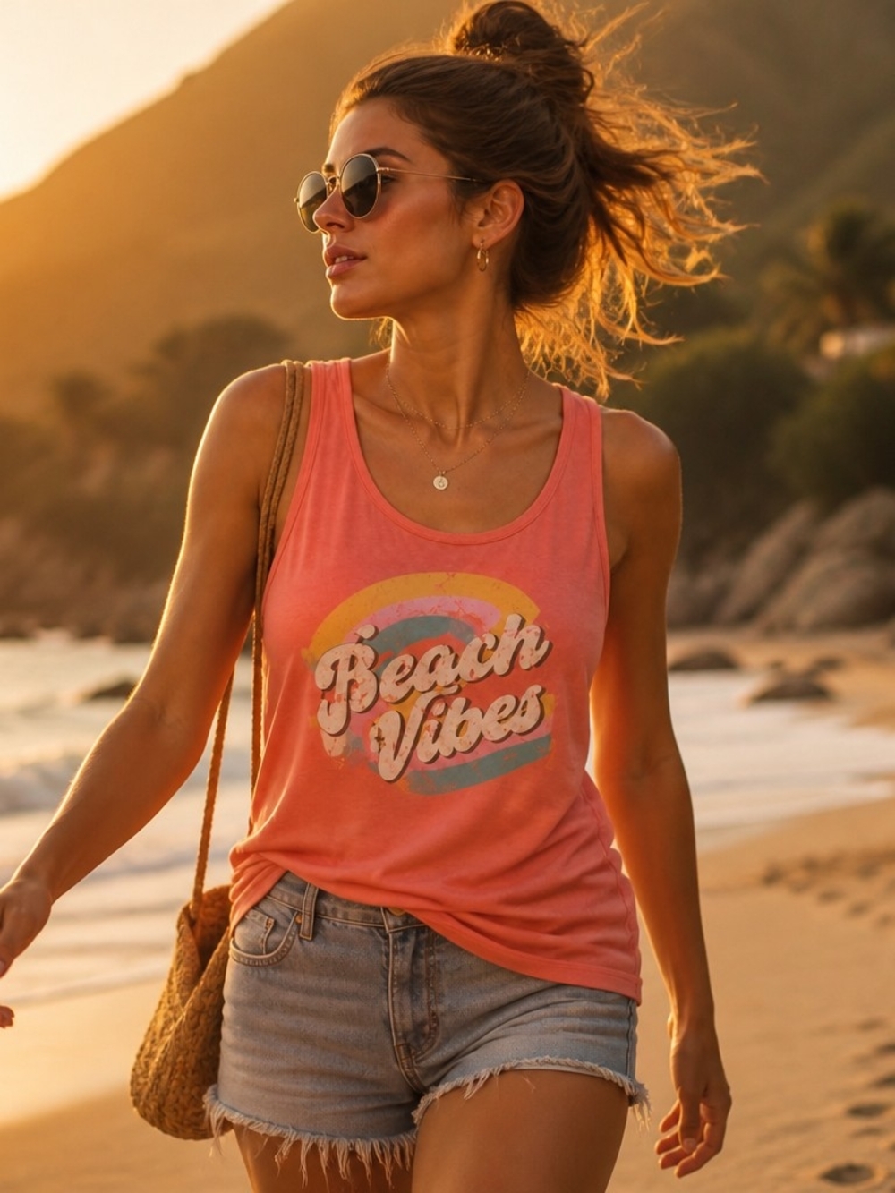 Secret Treasures Coral Tank with Retro 'Beach Vibes' Graphic
